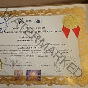 Bioresonance Certificate : ISHA AMC LEVEL 1-2-3-4-5-6-7-8 - ISHA MASTER - of Bioresonance NLS - Pregnancy - Aura Healing - Fears Healing - Electricity - Automation of NLS - Remote Healing - *real 24k gold, HANDMADE by MGM - real wax stamps, real paper stamp - CERTIFICATE - The 24K Gold ISHA Certificate - Magnetised with *Secret healing energies from Grandmaster *Including worldwide shipping ! NOW